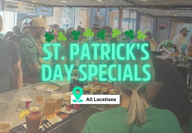 bar with st patricks day specials at all locations overlaid